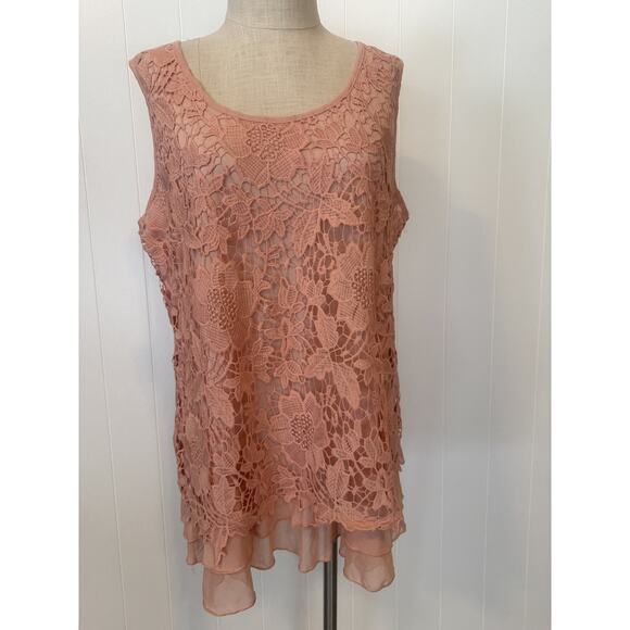 Forgotten Grace Tank Top Womens 2XL Pink Lace Floral Sheer Layered Boho Style - Picture 2 of 12